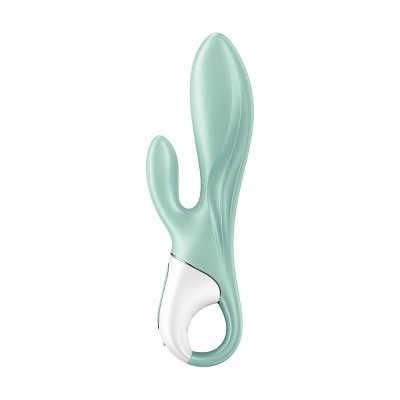 Vibrador verde água com pega branca em fundo branco