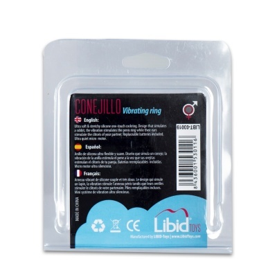 Anel vibratório em embalagem plástica transparente com informações da Libid toys