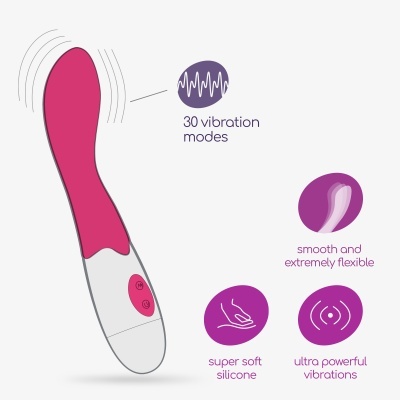 Vibrador rosa e branco com texto explicativo sobre modos de vibração e materiais