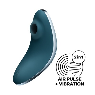 Dispositivo sexual azul escuro com contorno prateado e símbolo 2 in 1 AIR PULSE + VIBRATION