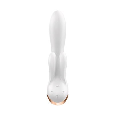 Vibrador branco com base dourada e botão de controlo.