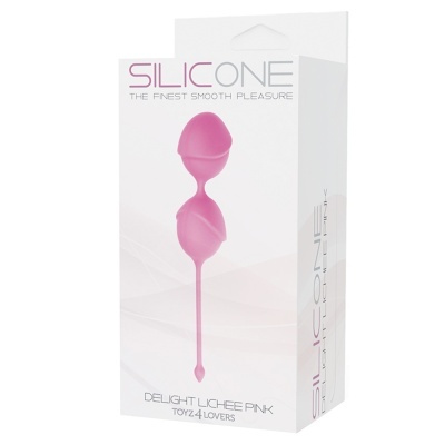 Embalagem branca com produto rosa de silicone em duas bolas conectadas