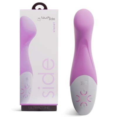 Vibrador violeta com base branca e embalagem branca com texto