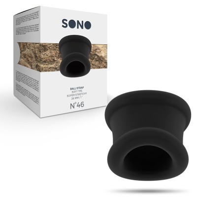 Produto preto cilíndrico de silicone com caixa branca da marca SONO.