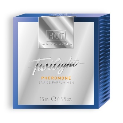Caixa de perfume Twilight Pheromone para homens azul com frontal prateada e detalhes laranja