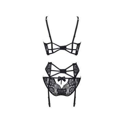 Conjunto de lingerie preta de renda com alças e suspensórios.
