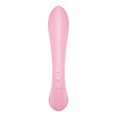 Vibrador rosa liso com botões +, -, e símbolo de onda