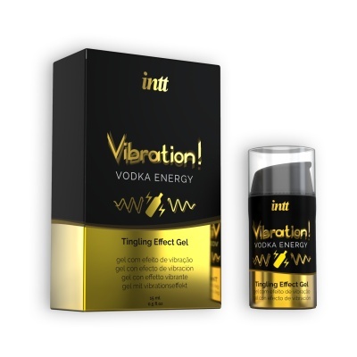 Gel Tingling Effect Vibration! VODKA ENERGY embalagem preta e dourada com texto