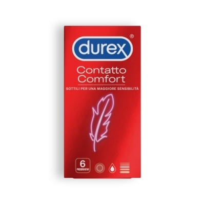 Embalagem vermelha de preservativos Durex Contatto Comfort com ícone de pena e texto em italiano.
