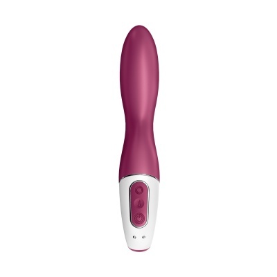Vibrador roxo com base branca e botões em relevo