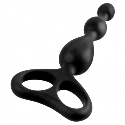 Plug anal preto de silicone com três esferas e cabo de dois buracos