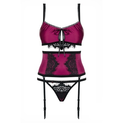 Conjunto de lingerie roxo acetinado com renda preta