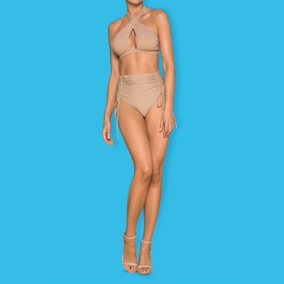 Fato de banho bege duas peças com parte superior cruzada e inferior cintura subida com laços