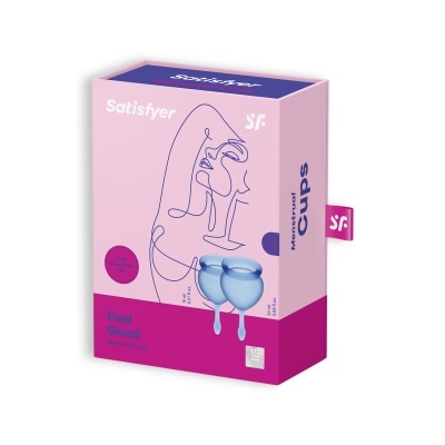 Embalagem do Satisfyer Menstrual Cup com desenho minimalista e texto relacionado ao produto