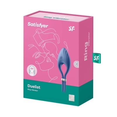 Caixa rosa e verde do anel vibratório Satisfyer Duelist com imagem do produto azul
