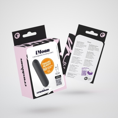 Embalagens do vibrador iMoan travel buddy em rosa e branco com vibrador preto visível