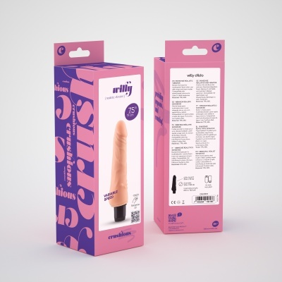 Caixas de dildo rosa e roxo com imagem do produto e texto descritivo