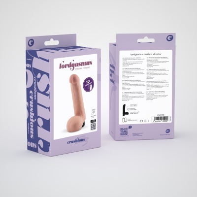 Embalagem de vibrador realista cor bege com texto e informações.