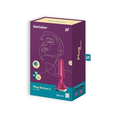 Caixa do produto Plug-ilicious 2 da Satisfyer com ilustração de rosto e plug cor vinho
