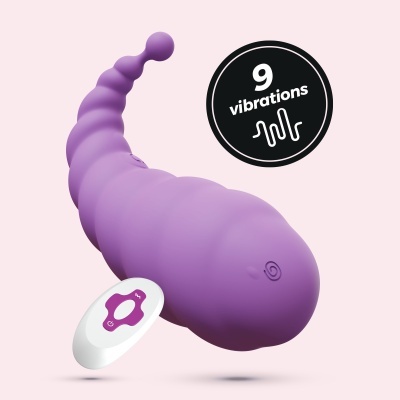 Vibrador lilás com controle remoto branco e lilás e texto '9 vibrations'