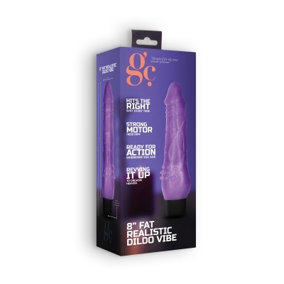 Embalagem de dildo vibratório realístico roxo com texto em inglês