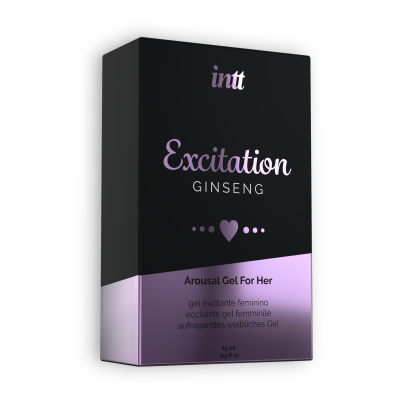 Caixa preta e lilás com gel excitante feminino Excitation Ginseng da marca intt