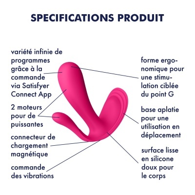 Vibrador rosa em silicone com especificações técnicas em francês