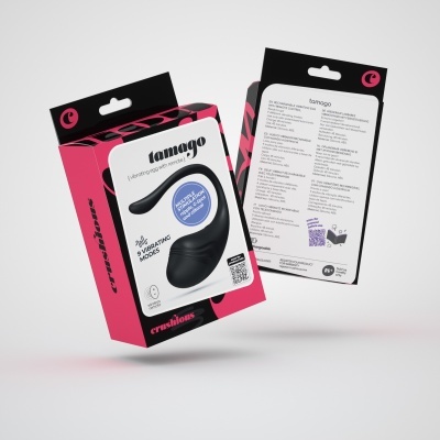 Caixas do produto tamago da crushlovers com dispositivo preto e detalhes em rosa e preto