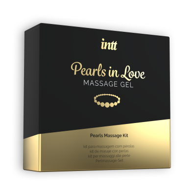 embalagem preta e dourada de gel de massagem Pearls in Love da intt com imagem de colar de pérolas