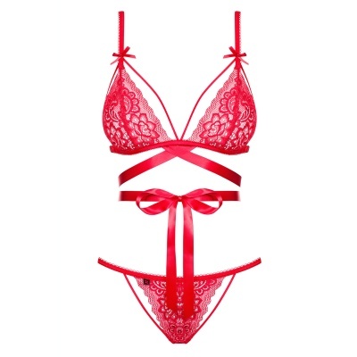 Conjunto lingerie vermelho renda sutiã e tanga com fitas