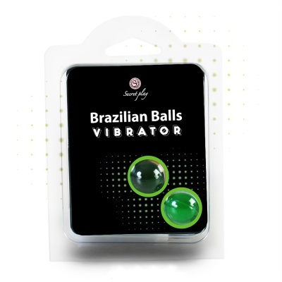 Embalagem de bolas vibratórias brasileiras Secret Play com texto e duas bolas verdes