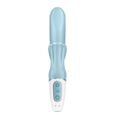Vibrador azul com base branca e botões frontais
