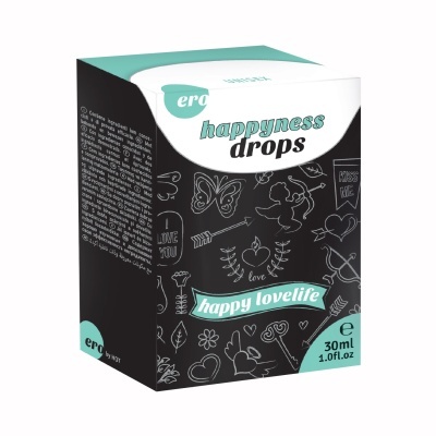 Caixa preta com desenhos brancos e texto em verde água e branco de produto 'hapyness drops' 30ml