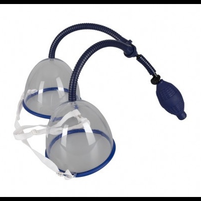 Dispositivo de copos de sucção transparentes com bordas azuis e bomba manual