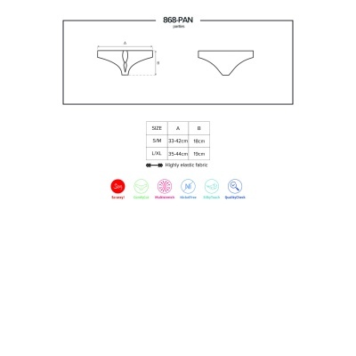Esquema técnico de cuecas femininas brancas com tabela de tamanhos e ícones de características