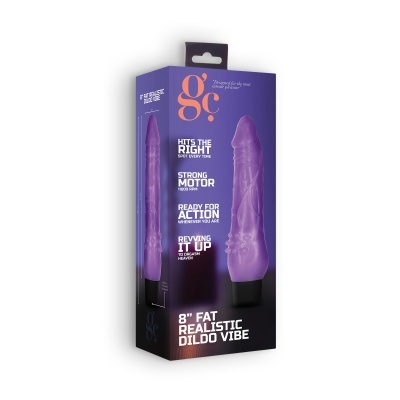 Dildo vibratório roxo realístico numa embalagem roxa com texto