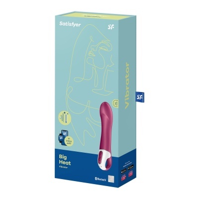 Embalagem azul do vibrador Satisfyer Big Heat com imagem do produto vinho e branco