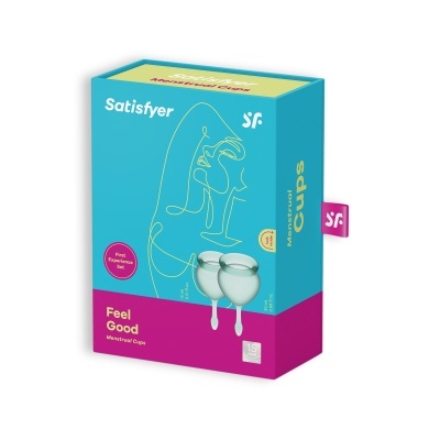 Embalagem azul e rosa de copos menstruais Satisfyer Feel Good