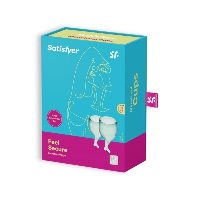 Caixa de copos menstruais Satisfyer azul e rosa com texto e desenho dourado