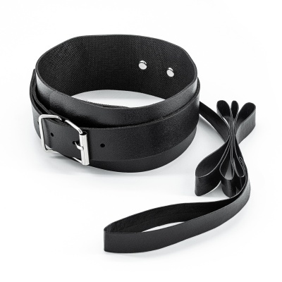 Coleira preta de pele com fivela metálica e tira longa