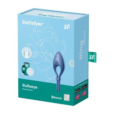 Caixa do Bullseye Ring Vibrator da Satisfyer azul claro e verde com vibrador azul.