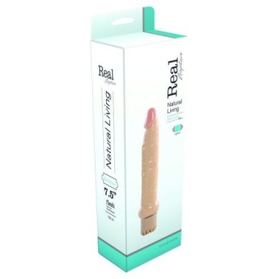 Embalagem branca e verde com imagem de dildo em tom pele e texto Real Style Natural Living 7,5'' 19cm