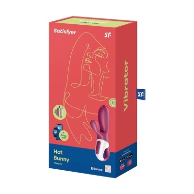 Embalagem de vibrador Satisfyer Hot Bunny em vermelho, azul e amarelo com desenho de rosto e texto