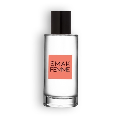 Frasco transparente de perfume SMAK FEMME com tampa preta e rótulo coral
