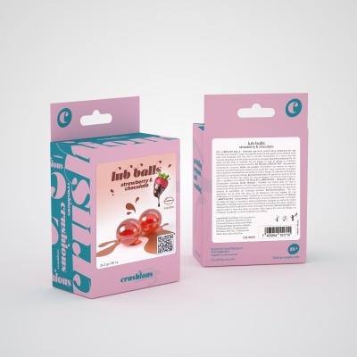embalagem de lub balls strawberry & chocolate rosa e azul com imagem de bolas vermelhas e texto detalhado