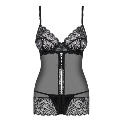 Conjunto de lingerie preto em renda com body transparente e detalhes cruzados