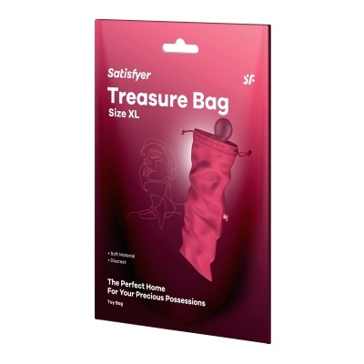 Embalagem rosa do Treasure Bag tamanho XL da Satisfyer com imagem do saco rosa em tecido macio