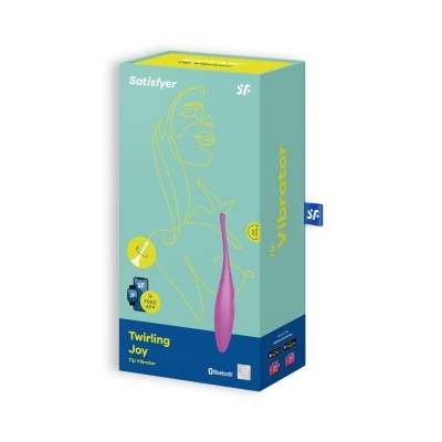 Embalagem azul e amarela com vibrador roxo e texto Satisfyer Twirling Joy