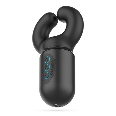 Dispositivo preto compacto com botões azuis e formato ergonómico