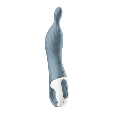 Vibrador azul com base branca e botões